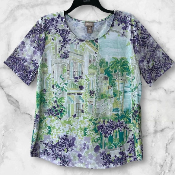Chico’s Mediterranean Villa Watercolor Print Short Sleeve Top Size L Chicos 2 - Picture 2 of 10